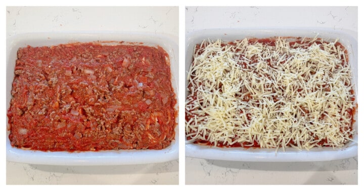 adding cheese to the casserole dish.