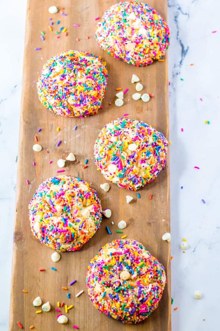 Gideon's Bakehouse copycat sprinkle funfetti cookies on wooden serving board