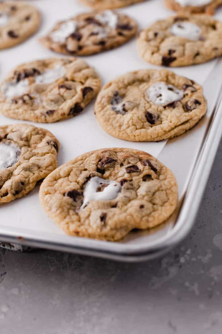 close up of cookies on silver pan