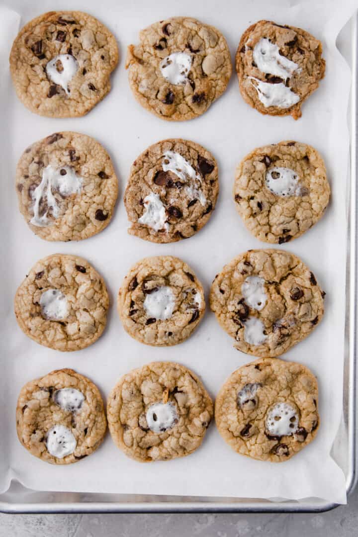 top view S'mores Cookies baked on a baking sheet