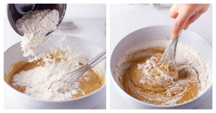 adding flour to the mixing bowl