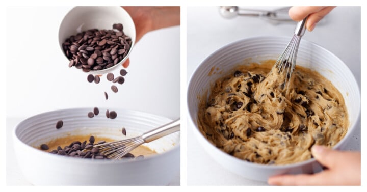 adding chocolate chips to the dough