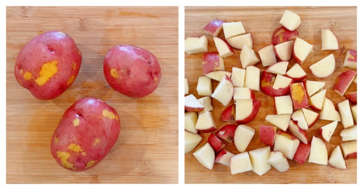 Dicing red potatoes on a wooden cutting board.