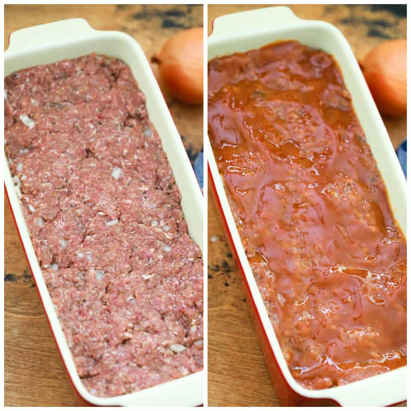 meatloaf formed in baking pan and topped with sauce