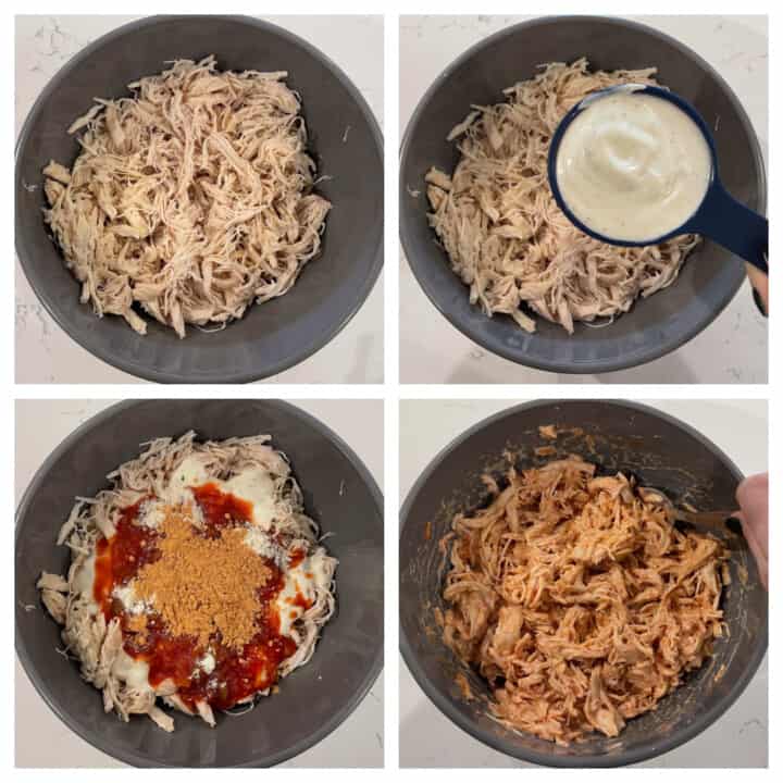 shredded chicken with the ranch dressing and seasonings added to it in a mixing bowl