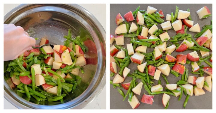 Adding potatoes and green beans to mixing bowl to mix with oil and seasoning.
