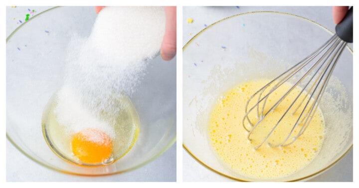 mixing egg and sugar in a clear mixing bowl