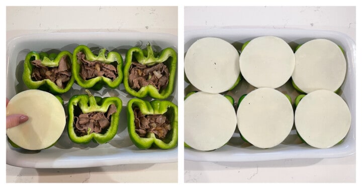 Adding cheese on top of the bell peppers in white casserole dish.