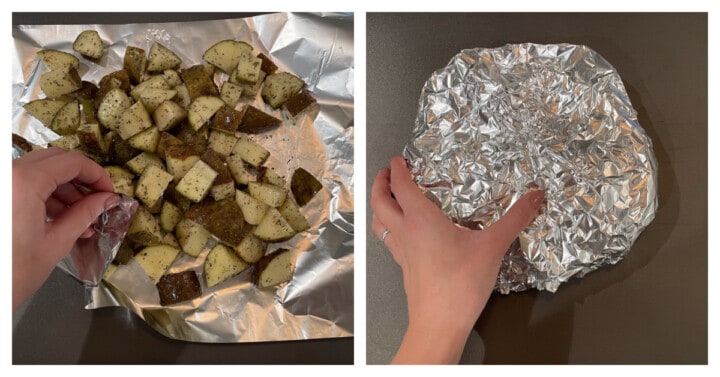 packing potatoes in tin foil to get ready for cooking