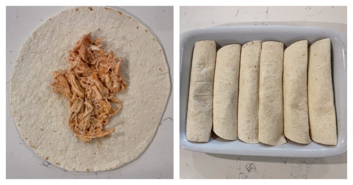 adding ranch chicken filling to tortillas and placing in a baking dish