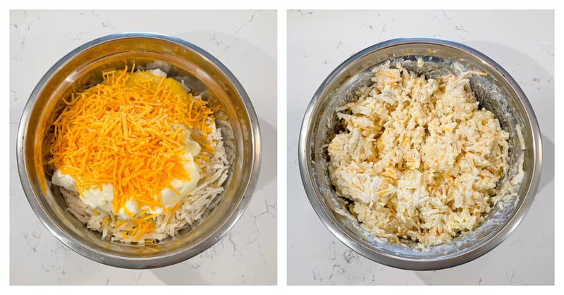 mixing the ingredients in a metal mixing bowl