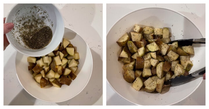 pouring oil and spices over potatoes and mixing up