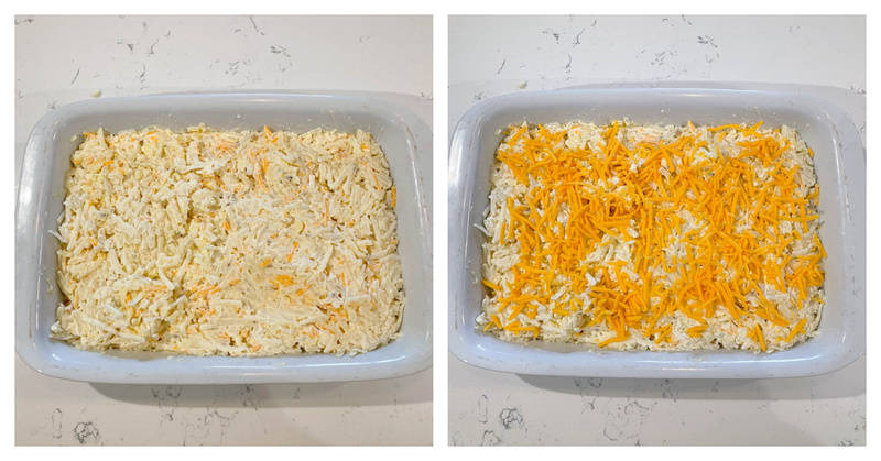 spreading the hashbrown mix into a casserole dish and topping with cheese