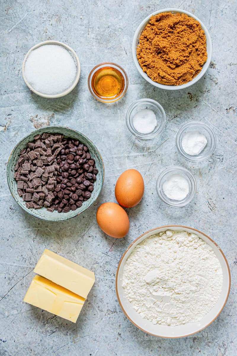 ingredients for brown butter chocolate chip cookies.