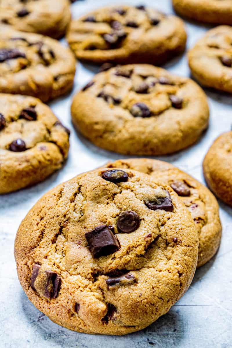 closeup of baked brown butter chocolate chip cookies