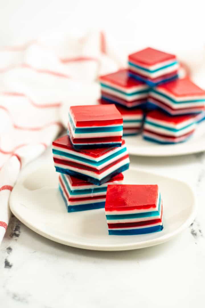 Red White and Blue Jello stacked on a white plate