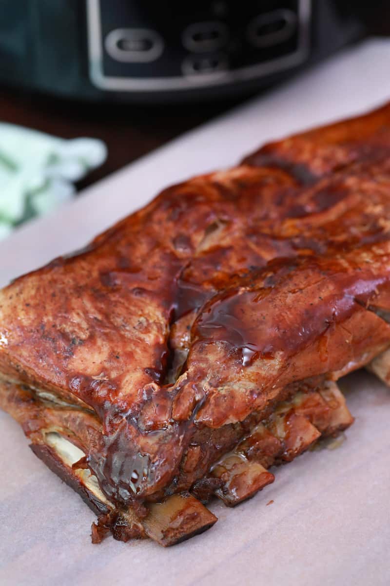 closeup shot of finished slow cooker ribs