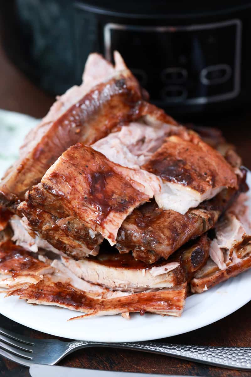 ribs cut and stacked on a plate