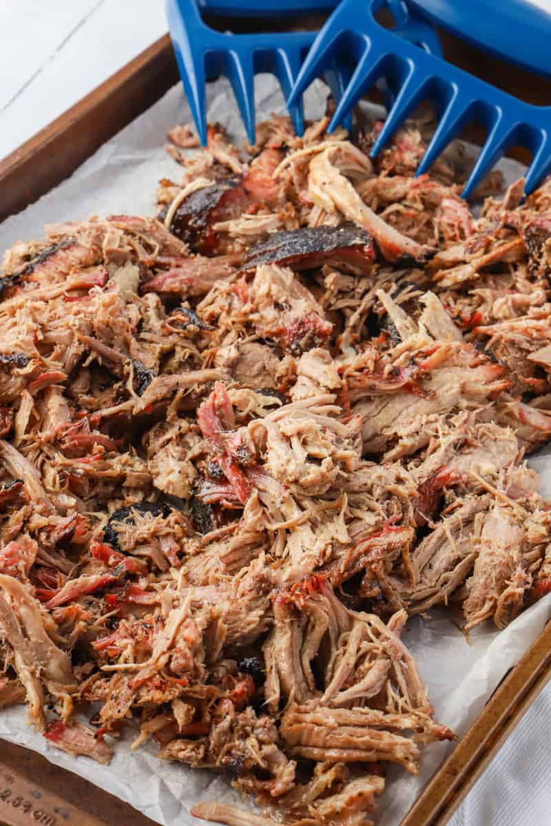 pulled pork on a tray with the meat pullers in the back