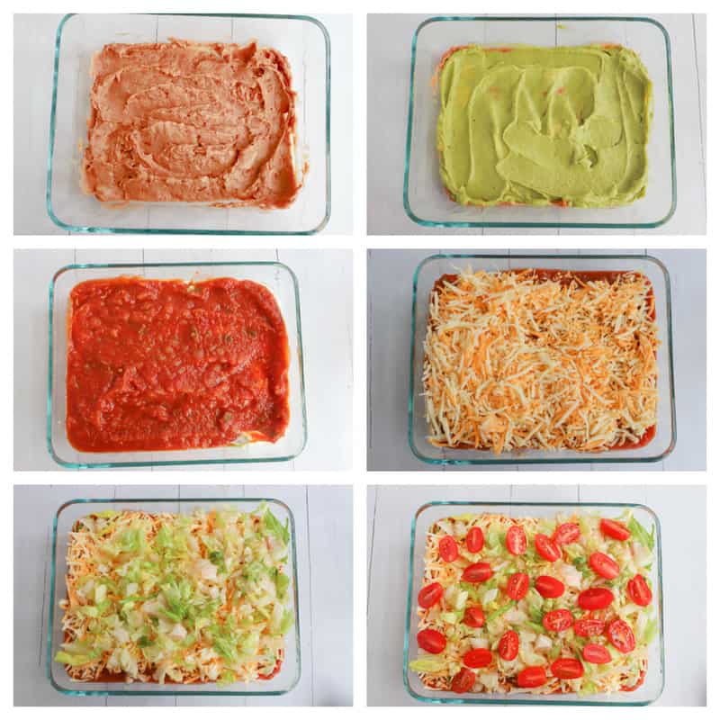 Step by step photo collage of 7 layer dip