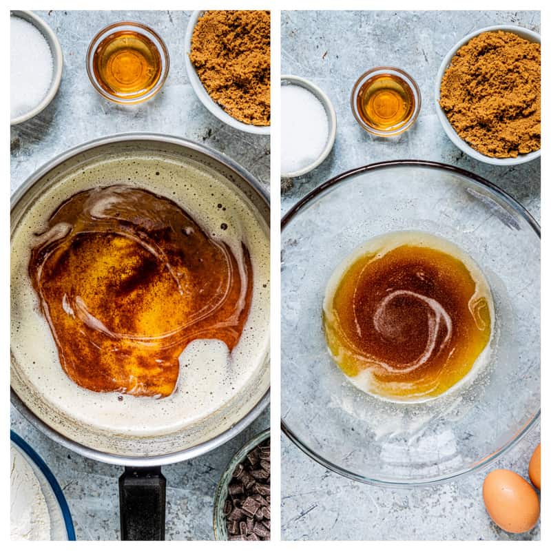 browning the butter in a saucepan then transferring to a mixing bowl