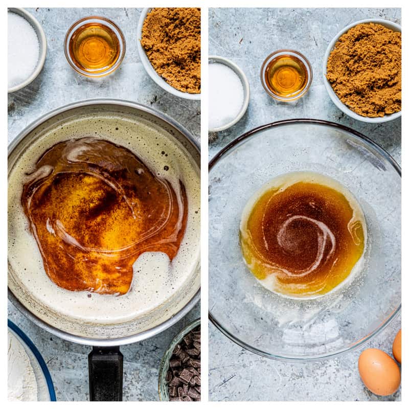 browning the butter in a saucepan then transferring to a mixing bowl.