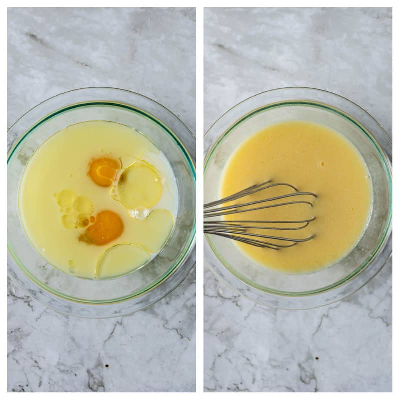 mixing eggs and oil together with whisk