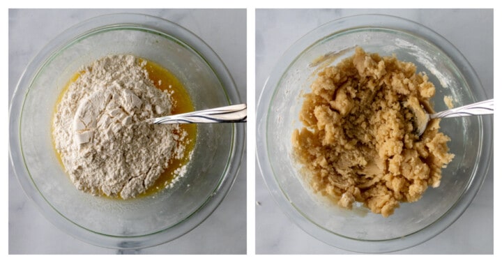 mixing ingredients together in glass bowl making the batter