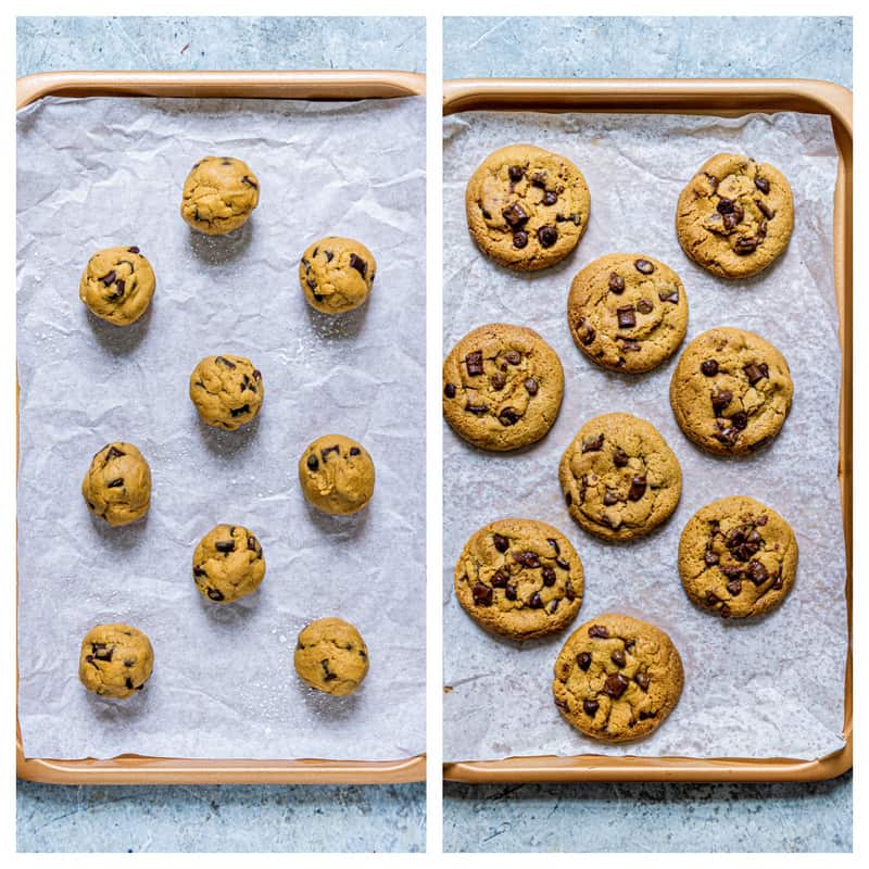 cookie dough balls on baking sheet then fully cooked