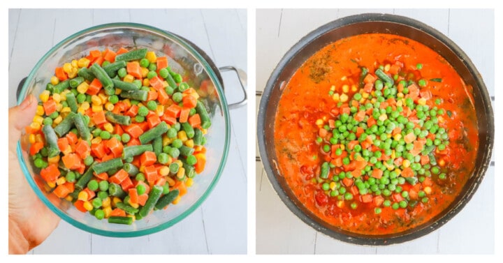 adding the frozen vegetables to the soup