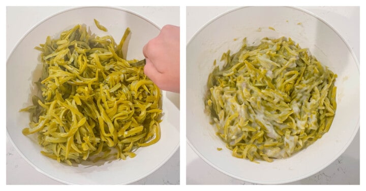 mixing ingredients in a white bowl before adding to crockpot