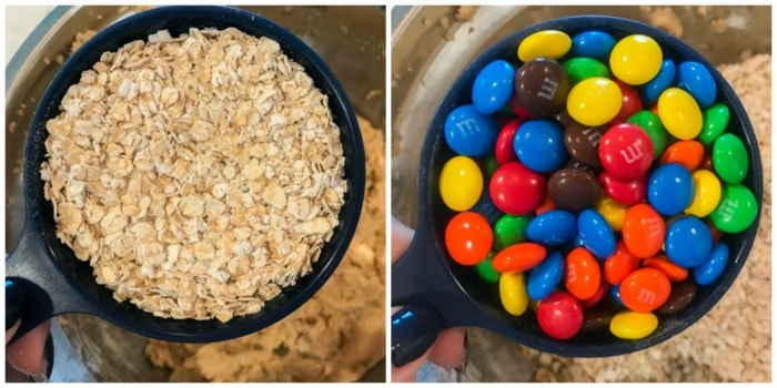 adding in the oats and the M&Ms