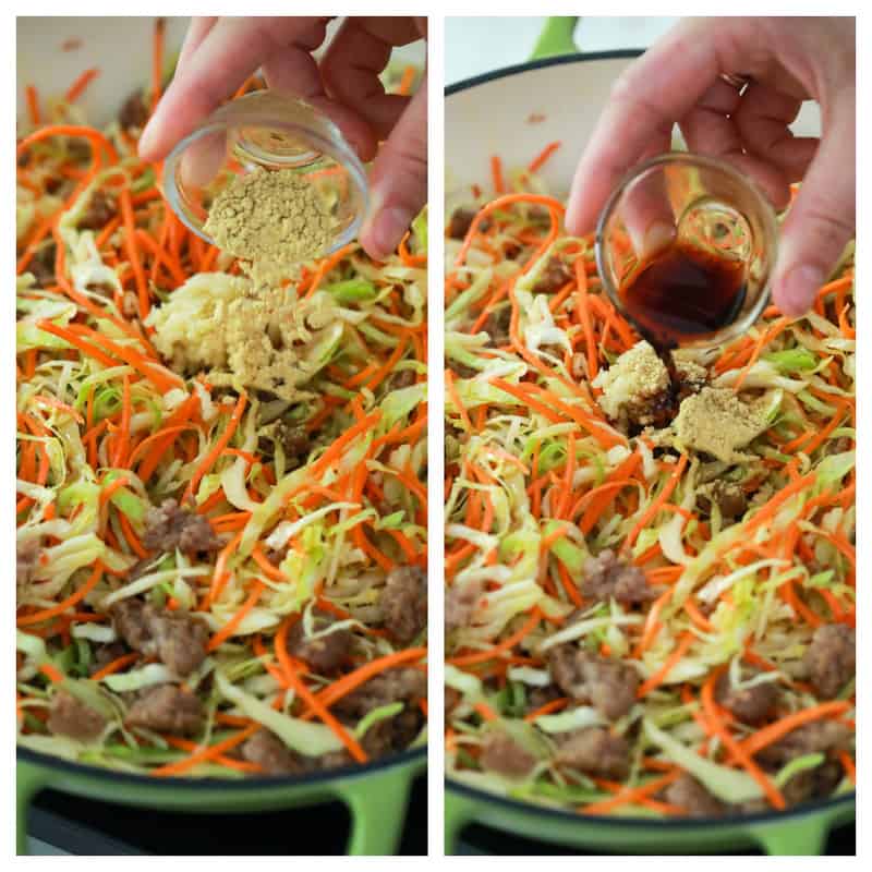 adding ginger, garlic and soy sauce to the meat and cabbage.