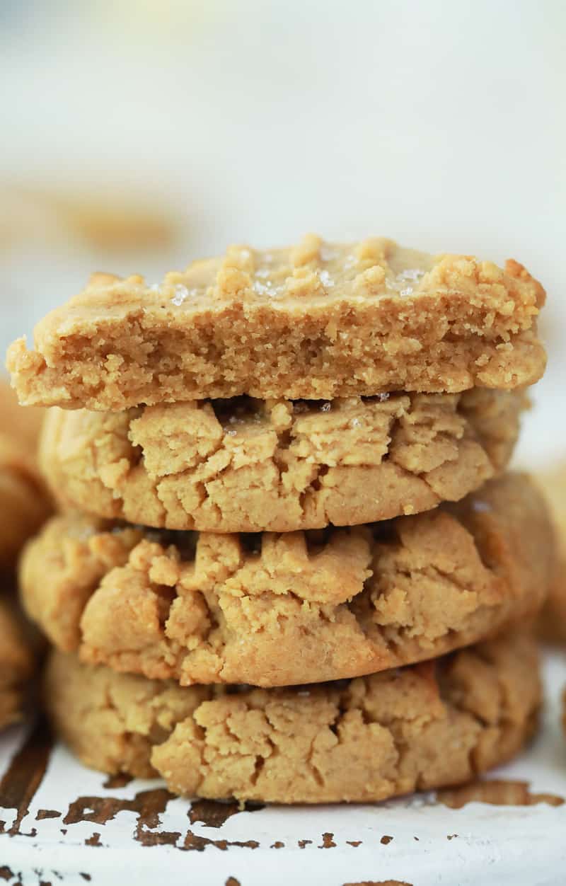 closeup of peanut butter cookies stacked