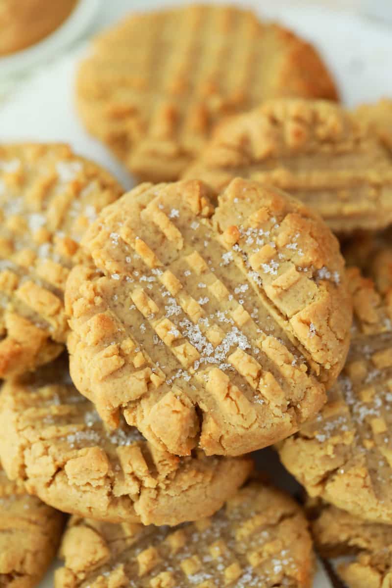 closeup of peanut butter cookies stacked