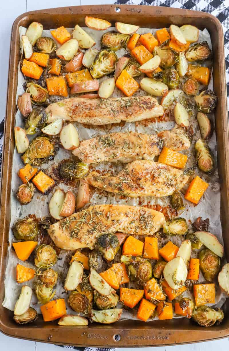 One Pan Autumn Chicken dinner finished on baking sheet