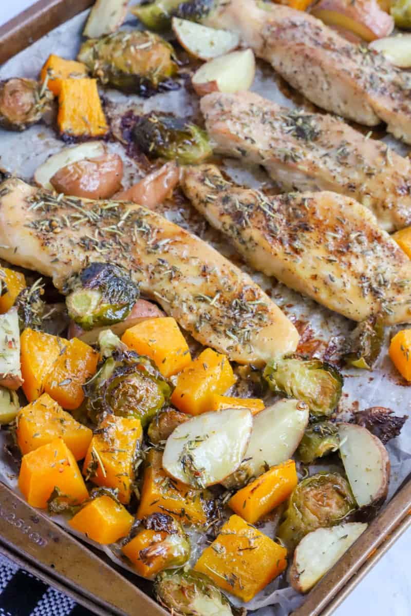 close up of baked one pan autumn chicken dinner