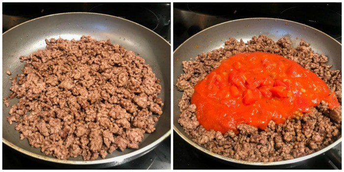 cooking the beef and adding the tomato sauce