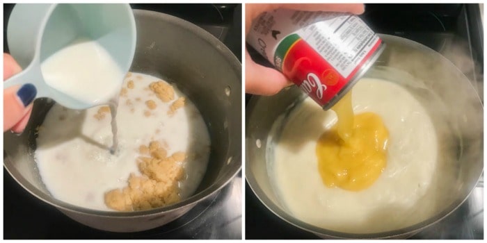 adding milk and cream of chicken soup to the butter and flour mixture