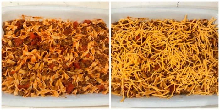 putting beef and noodle casserole into a casserole dish