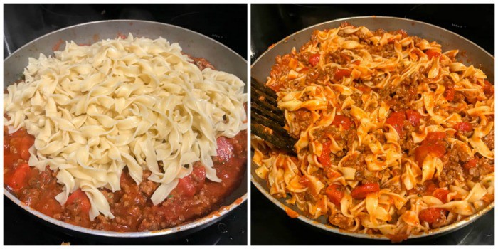 adding cooked egg noodles and remaining ingredients