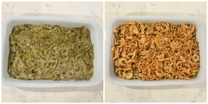 putting the green bean casserole into the baking dish and topping with fried onions