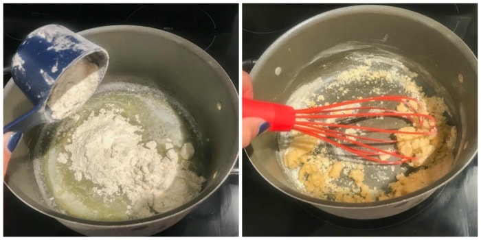 melted butter and flour being mixed together in a mixing bowl