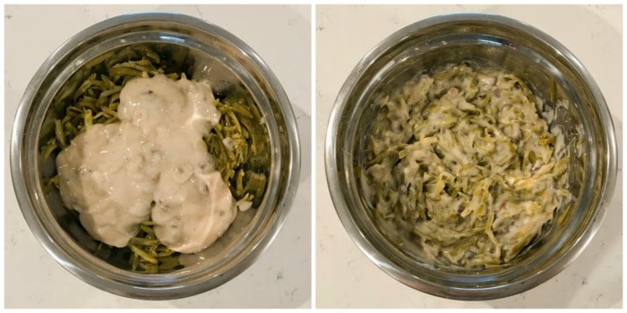mixing the ingredients for green bean casserole