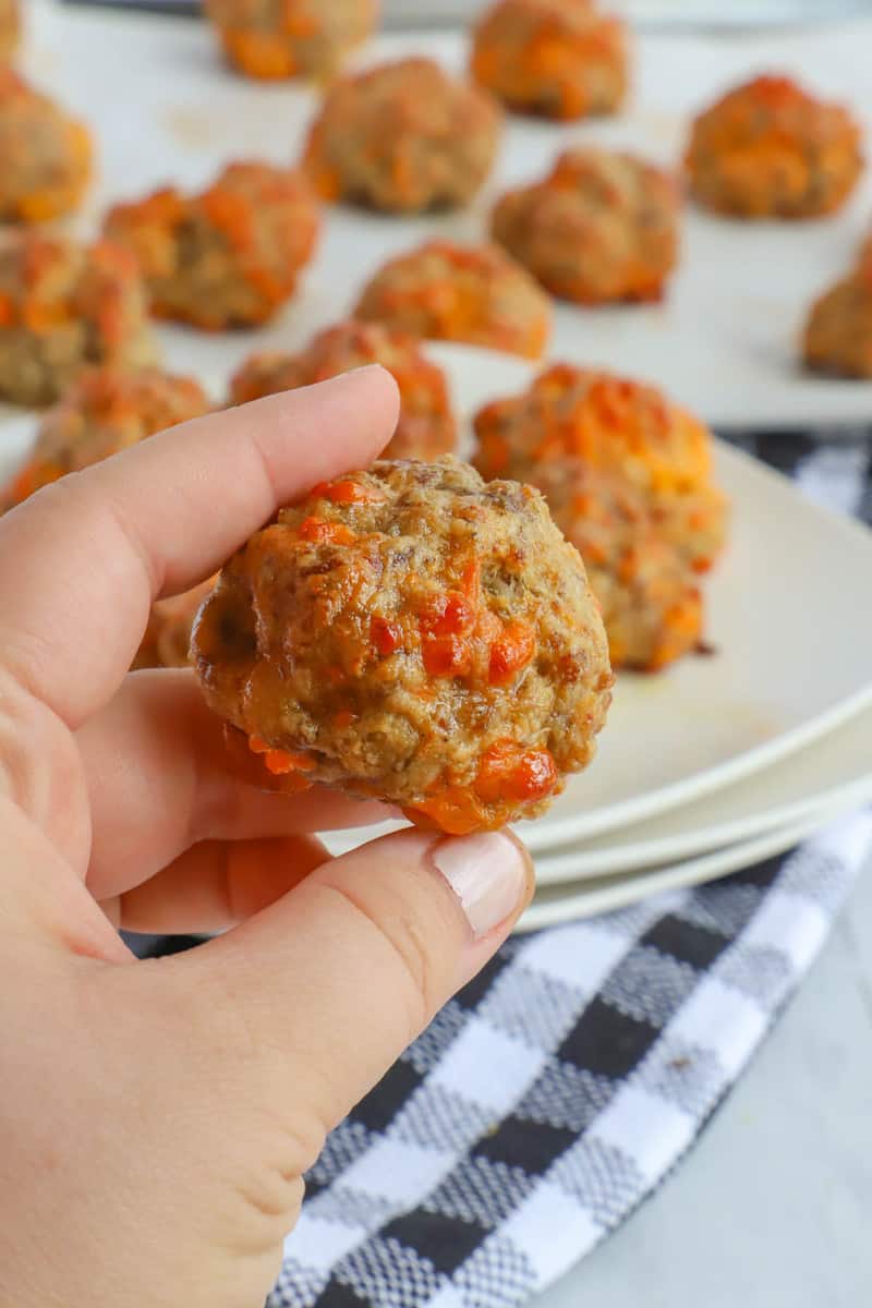 close up of sausage ball in hand