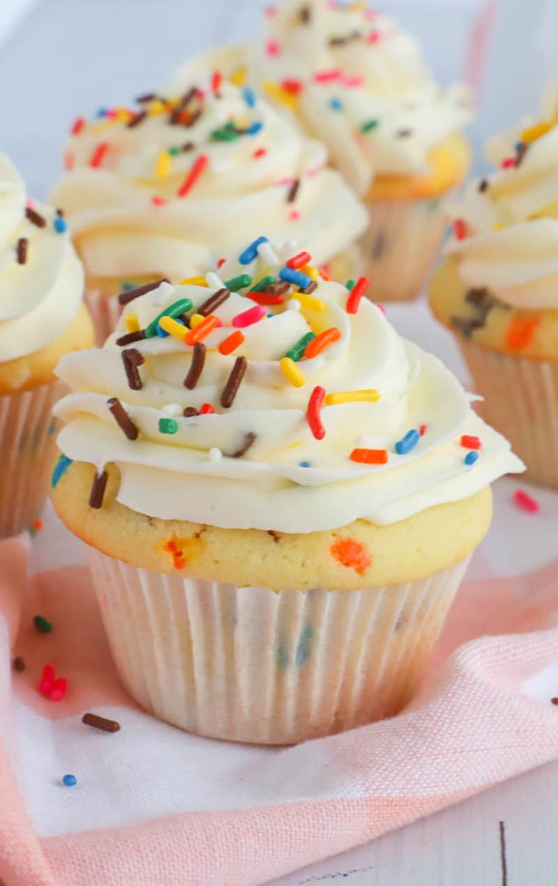 Funfetti Cupcakes closeup on a towel 