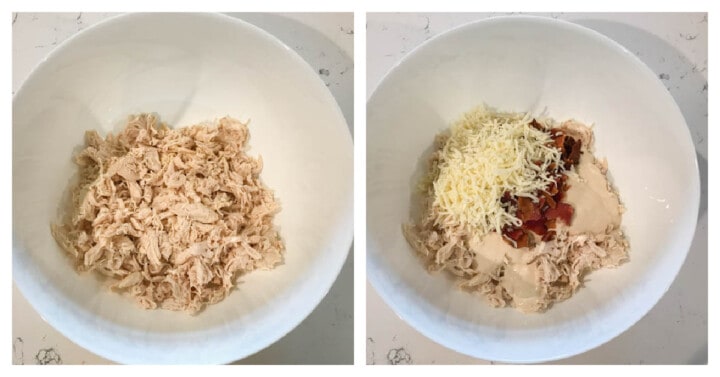 mixing ingredients in with the shredded chicken.