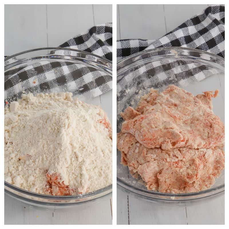 adding Bisquick to the sausage and cream cheese mix