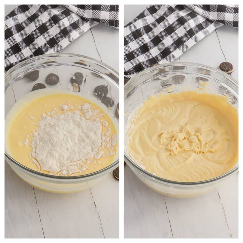 mixing in milk and dry ingredients to the batter