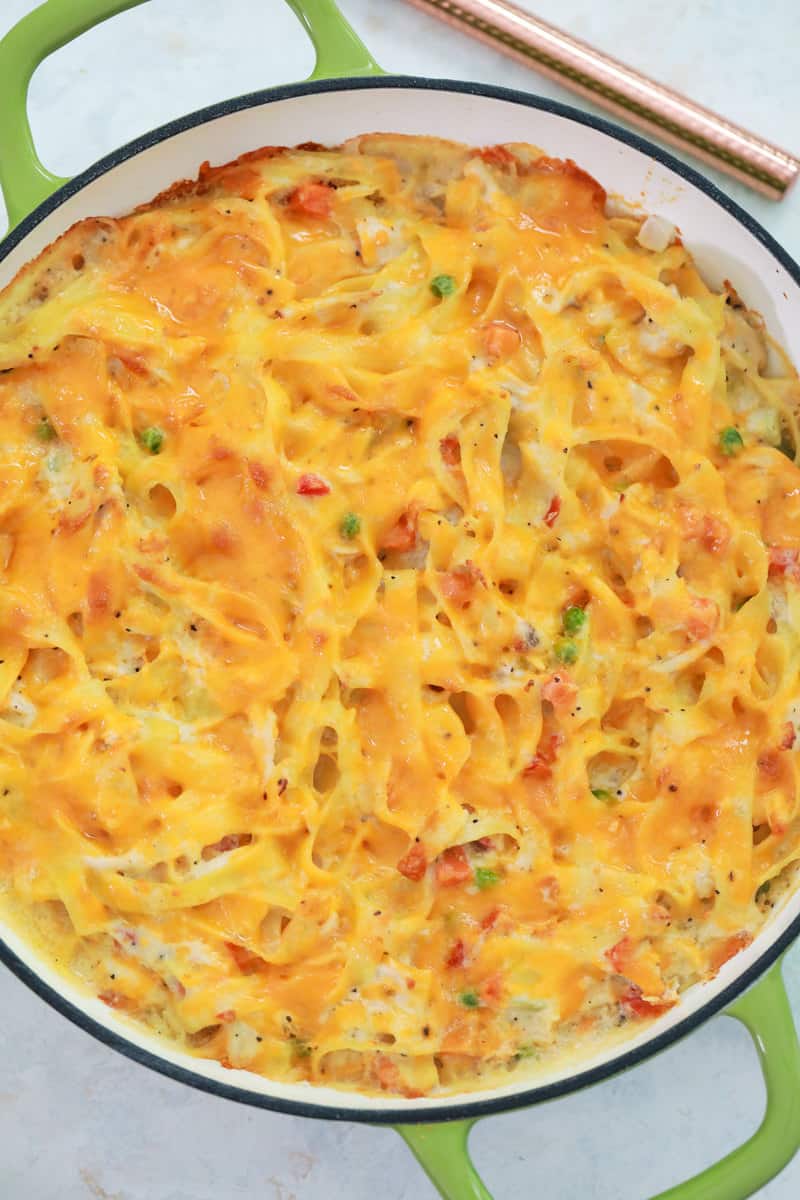 baked chicken noodle casserole out of the oven